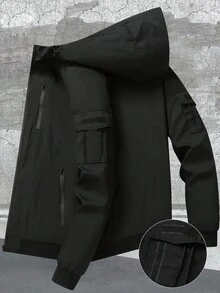 Manfinity Homme Plus Size Men's Long Sleeve Casual Zip-Up Hooded Jackets - Black - View 2
