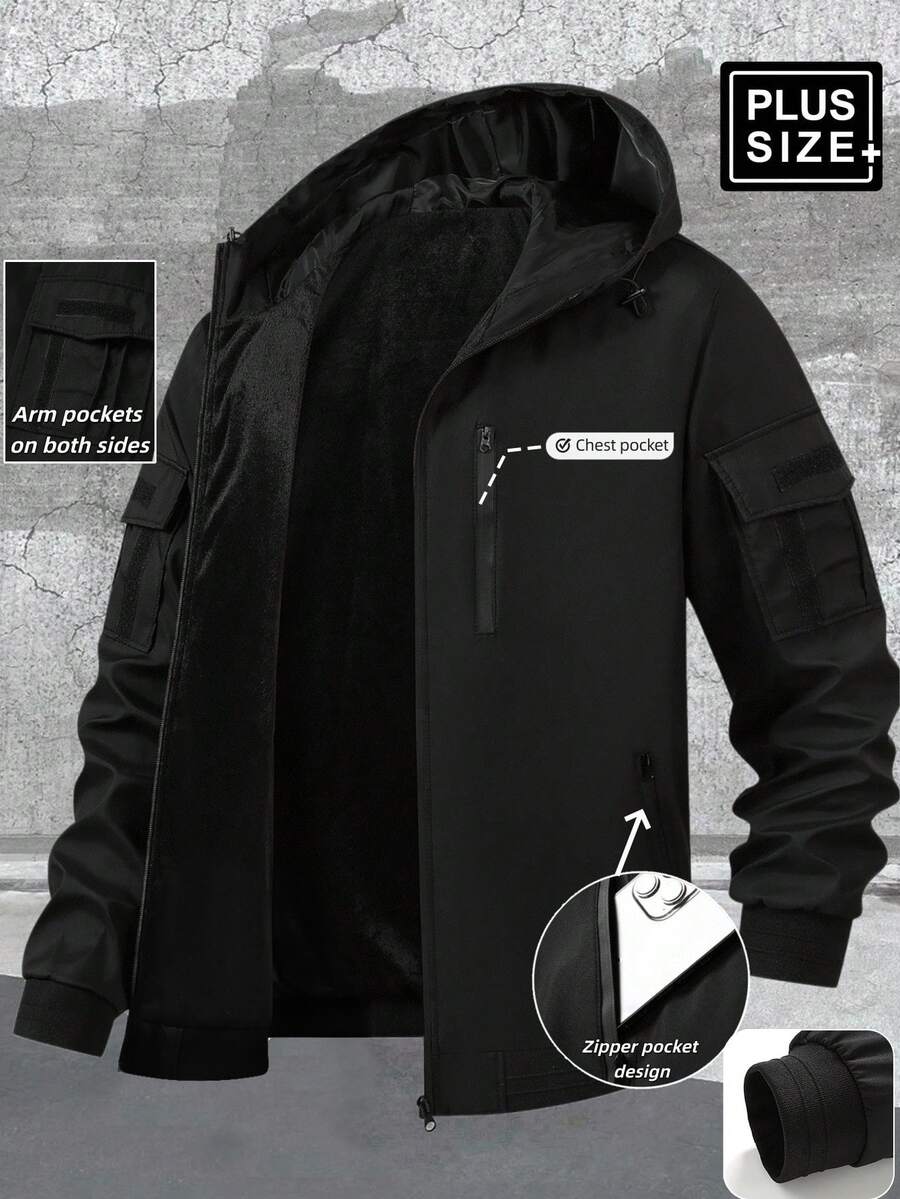 Manfinity Homme Plus Size Men's Long Sleeve Casual Zip-Up Hooded Jackets - Black - View 1