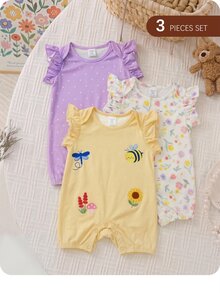 3件套新生女宝宝可爱卡通图案针织连体衣套装，夏季 - 彩色 - 查看 3