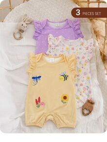 3件套新生女宝宝可爱卡通图案针织连体衣套装，夏季 - 彩色 - 查看 2