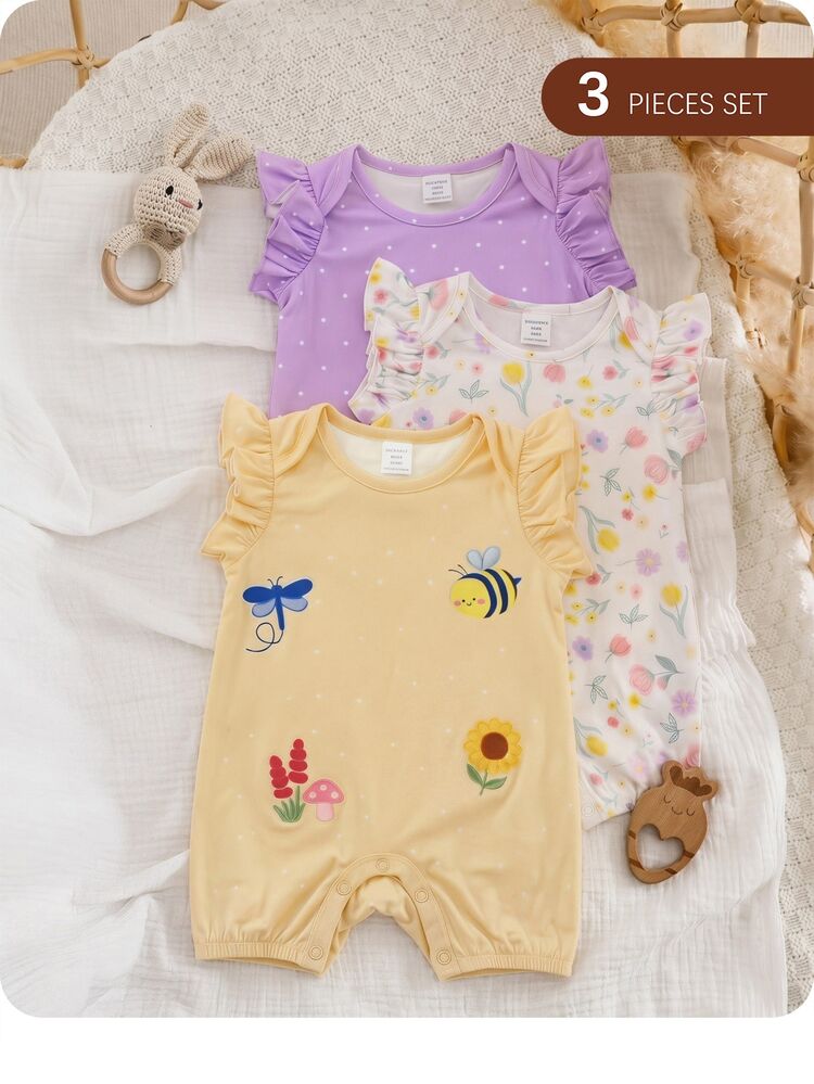 3pcs/Set Newborn Baby Girl Cute Cartoon Pattern Knitted Romper Set, Summer - Multicolor - View 2