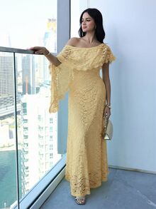 Modelyn 女士纯色简约蕾丝不对称领长连衣裙，休闲日常穿着 - 淡黃色 - 查看 9