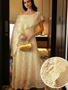 Modelyn 女士纯色简约蕾丝不对称领长连衣裙，休闲日常穿着 - 淡黃色 - 查看 4
