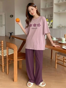 DAZY 2 件套女士休闲星星印花宽松短袖上衣和裤子套装，家居服睡衣 - 紫色 - 查看 5