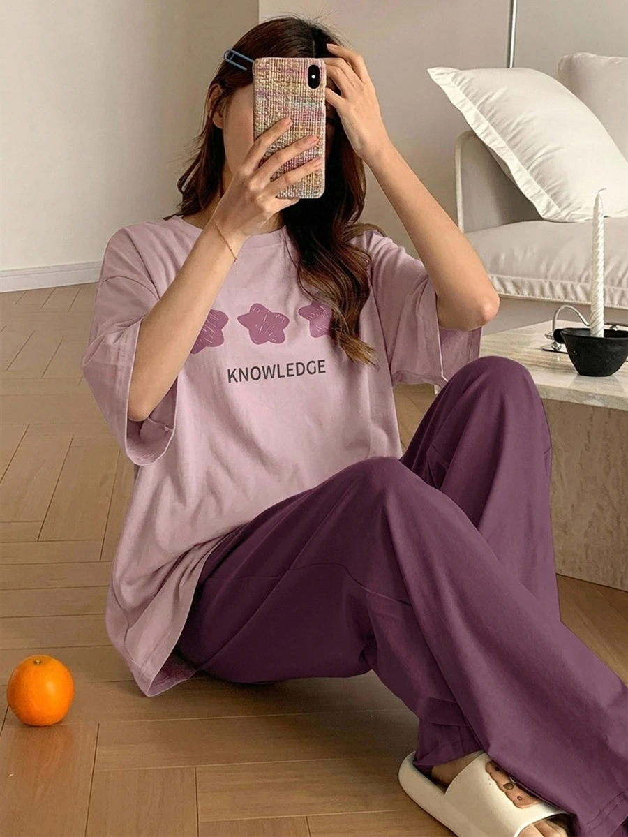 DAZY 2 件套女士休闲星星印花宽松短袖上衣和裤子套装，家居服睡衣 - 紫色 - 查看 1