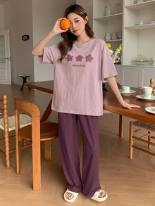 DAZY 2 件套女士休闲星星印花宽松短袖上衣和裤子套装，家居服睡衣 - 紫色 - 查看 3