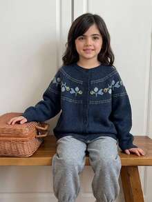 DAZY Tween Girl Colorblock Casual Versatile Daily Wear Cardigan Winter - Navy Blue - View 5