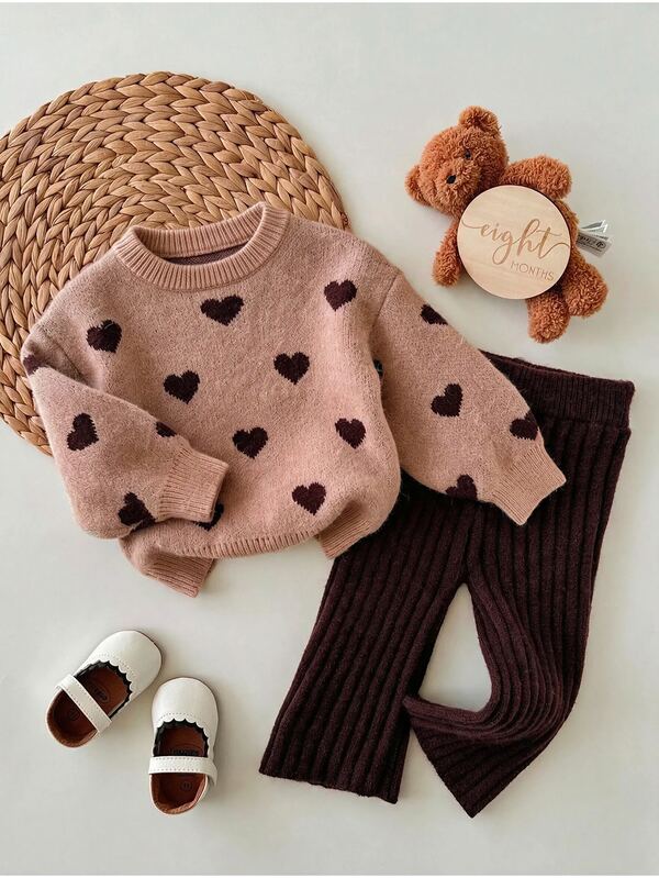 SHEIN Pull tricoté à manches longues avec motif cœur pour bébé fille, mignon & polyvalent, automne/hiver