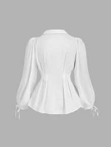 SHEIN MOD 女士加大码优雅长袖衬衫，修身腰带泡泡袖上衣，适合女性，修身剪裁，优雅气质，适合工作或休闲场合，秋季女装，条纹衬衫，修身衬衫，女士衬衫，工作衬衫，休闲工作上衣 - 白色 - 查看 4