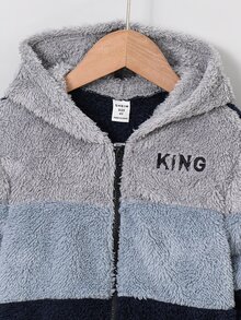 SHEIN 兒童小男孩字母圖案拼色連帽休閒日常長袖秋冬夾克外套 - 彩色 - 查看 5