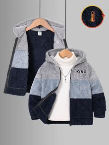 SHEIN 兒童小男孩字母圖案拼色連帽休閒日常長袖秋冬夾克外套 - 彩色 - 查看 4