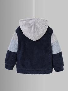 SHEIN 兒童小男孩字母圖案拼色連帽休閒日常長袖秋冬夾克外套 - 彩色 - 查看 3