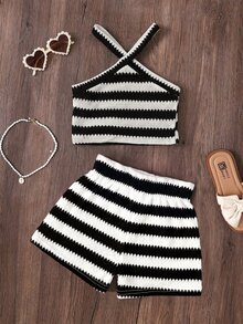 Emery Rose Kids Emery Rose Kids 2pcs/Set Young Girl Knitted Striped Sleeveless Top And Shorts Set - Black and White - View 3