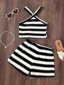 Emery Rose Kids Emery Rose Kids 2pcs/Set Young Girl Knitted Striped Sleeveless Top And Shorts Set - Black and White - View 2