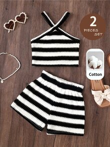 Emery Rose Kids Emery Rose Kids 2pcs/Set Young Girl Knitted Striped Sleeveless Top And Shorts Set - Black and White - View 1