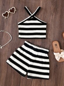 Emery Rose Kids Emery Rose Kids 2pcs/Set Young Girl Knitted Striped Sleeveless Top And Shorts Set - Black and White - View 7