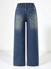 SHEIN Tween Girls' Y2K Jeans,Aqua Blue,Summer,Streetwear,School,Back-To-School,Vintage High-Waisted Relaxed Straight Leg Distressed Denim,Retro Daily OOTD - Dark Wash - View 2