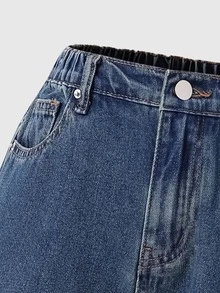 SHEIN Tween Girls' Y2K Jeans,Aqua Blue,Summer,Streetwear,School,Back-To-School,Vintage High-Waisted Relaxed Straight Leg Distressed Denim,Retro Daily OOTD - Dark Wash - View 4