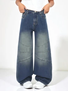 SHEIN Tween Girls' Y2K Jeans,Aqua Blue,Summer,Streetwear,School,Back-To-School,Vintage High-Waisted Relaxed Straight Leg Distressed Denim,Retro Daily OOTD - Dark Wash - View 1