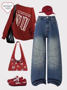 SHEIN Tween Girls' Y2K Jeans,Aqua Blue,Summer,Streetwear,School,Back-To-School,Vintage High-Waisted Relaxed Straight Leg Distressed Denim,Retro Daily OOTD - Dark Wash - View 6