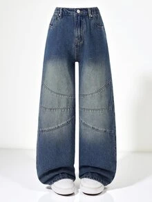 SHEIN Tween Girls' Y2K Jeans,Aqua Blue,Summer,Streetwear,School,Back-To-School,Vintage High-Waisted Relaxed Straight Leg Distressed Denim,Retro Daily OOTD - Dark Wash - View 3