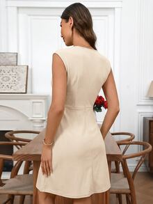SHEIN LUNE 女士优雅纯色圆领短款连衣裙，夏季米色女士办公连衣裙，米色连衣裙，女士休闲办公连衣裙，优雅高贵女士连衣裙，女士连衣裙 - 杏色 - 查看 2