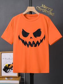 SHEIN Kids Tween Boy Casual Simple Cute Cartoon Pumpkin Head Smiling Face Print Round Neck T-Shirt, Suitable For Summer, Suitable For Autumn, Suitable For Halloween, Halloween Costume - Orange - View 5