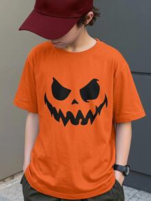 SHEIN Kids Tween Boy Casual Simple Cute Cartoon Pumpkin Head Smiling Face Print Round Neck T-Shirt, Suitable For Summer, Suitable For Autumn, Suitable For Halloween, Halloween Costume - Orange - View 1