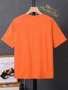 SHEIN Kids Tween Boy Casual Simple Cute Cartoon Pumpkin Head Smiling Face Print Round Neck T-Shirt, Suitable For Summer, Suitable For Autumn, Suitable For Halloween, Halloween Costume - Orange - View 4