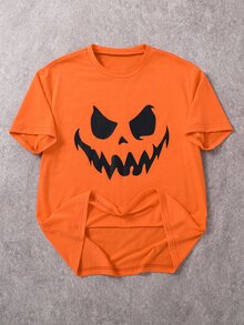 SHEIN Kids Tween Boy Casual Simple Cute Cartoon Pumpkin Head Smiling Face Print Round Neck T-Shirt, Suitable For Summer, Suitable For Autumn, Suitable For Halloween, Halloween Costume - Orange - View 3