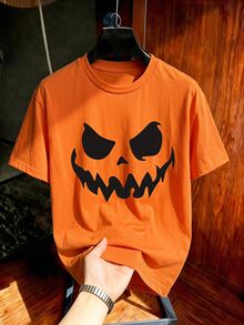 SHEIN Kids Tween Boy Casual Simple Cute Cartoon Pumpkin Head Smiling Face Print Round Neck T-Shirt, Suitable For Summer, Suitable For Autumn, Suitable For Halloween, Halloween Costume - Orange - View 2