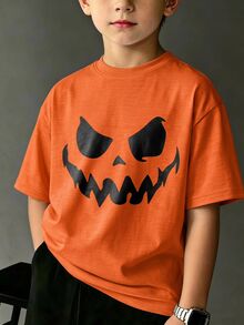 SHEIN Kids Tween Boy Casual Simple Cute Cartoon Pumpkin Head Smiling Face Print Round Neck T-Shirt, Suitable For Summer, Suitable For Autumn, Suitable For Halloween, Halloween Costume - Orange - View 6