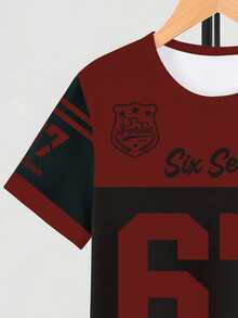 2pcs/Set Boys' Casual Streetwear Summer Red & Black T-Shirt And Shorts Set,Creative Number 67 Medal Striped Graphic,City Break Daily Wear Outfits - Multicolor - View 6