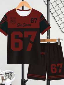 2pcs/Set Boys' Casual Streetwear Summer Red & Black T-Shirt And Shorts Set,Creative Number 67 Medal Striped Graphic,City Break Daily Wear Outfits - Multicolor - View 5