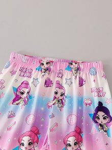 Genkimix Kids 女童漸層夢幻卡通印花翻領長袖秋冬上衣褲子睡衣套裝，柔軟親膚面料居家服 2 件套 - 紫色 - 查看 4