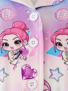 Genkimix Kids 女童漸層夢幻卡通印花翻領長袖秋冬上衣褲子睡衣套裝，柔軟親膚面料居家服 2 件套 - 紫色 - 查看 3