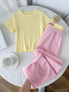 SHEIN Conjunto de 2 Peças para Menina Pré-Adolescente, Top Casual de Malha Jacquard Listrada com Gola Redonda e Calça de Malha Perna Reta e Larga com Cós Colorblock Y2K Rosa e Amarelo - Multicolorido - Visão 7