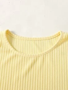 SHEIN Conjunto de 2 Peças para Menina Pré-Adolescente, Top Casual de Malha Jacquard Listrada com Gola Redonda e Calça de Malha Perna Reta e Larga com Cós Colorblock Y2K Rosa e Amarelo - Multicolorido - Visão 4