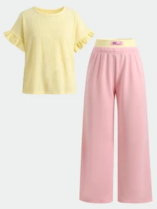 SHEIN Conjunto de 2 Peças para Menina Pré-Adolescente, Top Casual de Malha Jacquard Listrada com Gola Redonda e Calça de Malha Perna Reta e Larga com Cós Colorblock Y2K Rosa e Amarelo - Multicolorido - Visão 6