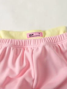 SHEIN Conjunto de 2 Peças para Menina Pré-Adolescente, Top Casual de Malha Jacquard Listrada com Gola Redonda e Calça de Malha Perna Reta e Larga com Cós Colorblock Y2K Rosa e Amarelo - Multicolorido - Visão 2