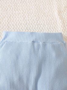 SHEIN 2 件套新生男婴秋季服装，针织领长袖上衣和纯色长裤套装 - 淺藍色 - 查看 7