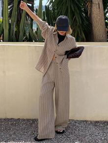 DAZY Women's 2 Pieces Set: Beige Striped Loose Fit Long Sleeve Button-Up Shirt With Collar And High-Waisted Wide Leg Pants - Beige - View 4