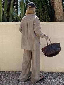 DAZY Women's 2 Pieces Set: Beige Striped Loose Fit Long Sleeve Button-Up Shirt With Collar And High-Waisted Wide Leg Pants - Beige - View 2
