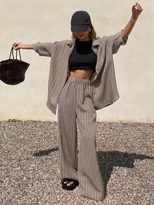 DAZY Women's 2 Pieces Set: Beige Striped Loose Fit Long Sleeve Button-Up Shirt With Collar And High-Waisted Wide Leg Pants - Beige - View 6