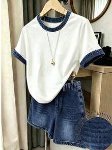 Tween Girl 休閒極簡短袖上衣與短褲兩件套，適合夏季 - 彩色 - 查看 4