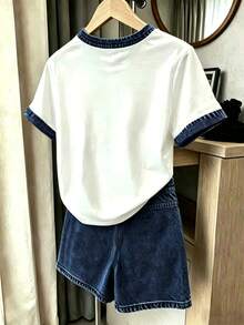 Tween Girl 休閒極簡短袖上衣與短褲兩件套，適合夏季 - 彩色 - 查看 2