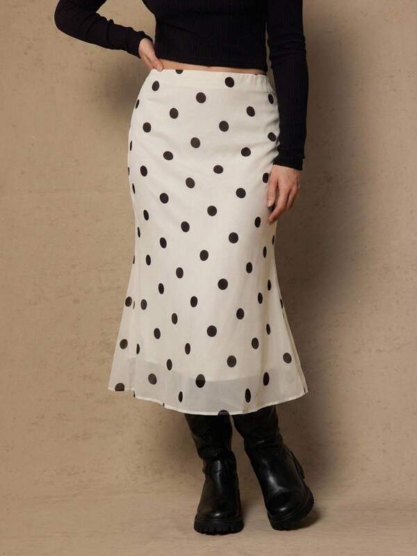 Freevana Plus Size French 90s Retro Polka Dot Chiffon Midi Skirt Casual Elegant Skirt Brunch Evening Formal Fall/Winter