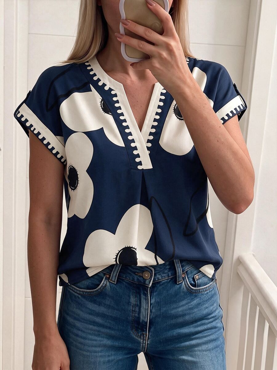 Louniche Women's Spring/Summer Floral Placement Print Casual Vacation Shirt Abstract Print Blouse Geometric Print Top - Multicolor - View 1