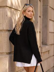 SHEIN Clasi Turtleneck Drop Shoulder Split Hem Knit Pullover Fall Winter Sweater - Black - View 2