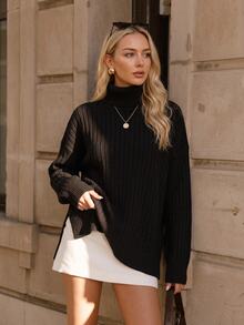 SHEIN Clasi Turtleneck Drop Shoulder Split Hem Knit Pullover Fall Winter Sweater - Black - View 5